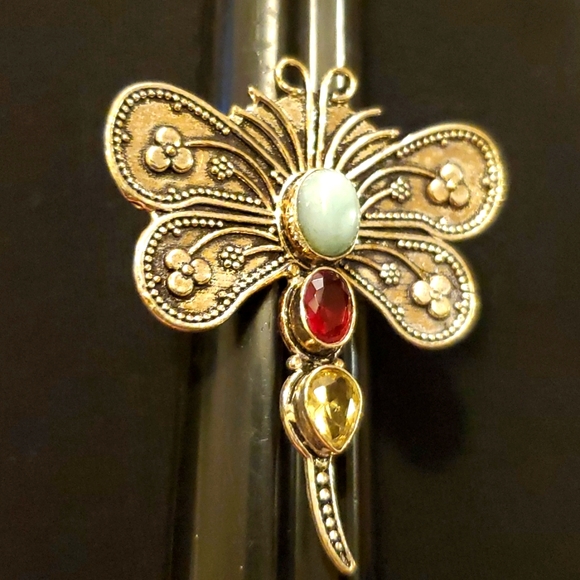 New Larimar, Garnet and Citrine 925 Silver Dragonfly Ring. - Picture 2 of 10